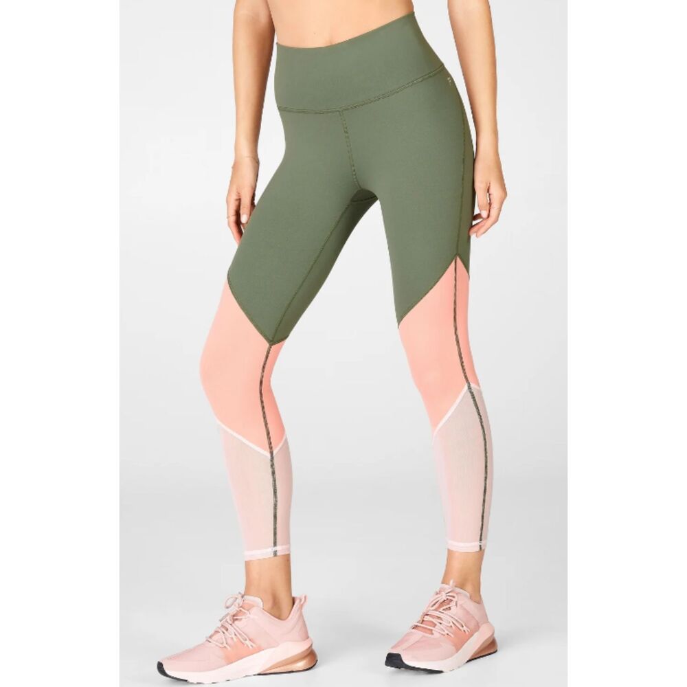 Fabletics Powerhold Zone Green 7/8 Leggings Colorblock Mesh Calf High Waist